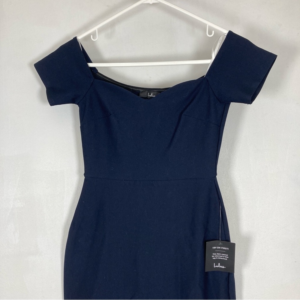 Lulus How Much I Care Off-The-Shoulder Midi Dress Basic Sleeved Blue XS - Picture 4 of 16